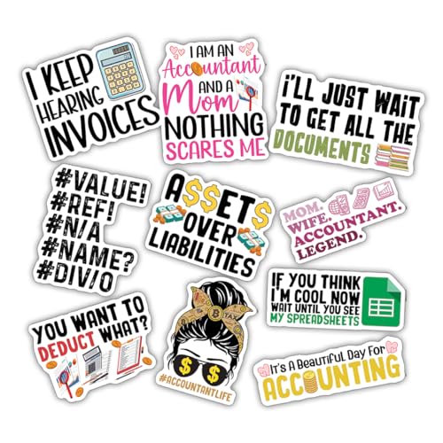 10pcs Accountant Sticker Sheet, Cute Vinyl Decals for CPAs, Auditors, Finance Majors, Bookkeepers, Waterproof, UV-Resistant, for Laptop, Water Bottle, Calculator, Clipboard, Office Supplies (Design 5)