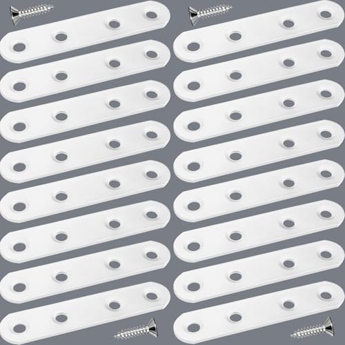 16 Pack 3 inch White Flat Bracket Straight Brace - Stainless Steel Heavy Duty Mending Plate for Wood Furniture, DIY Repair with Screws Included
