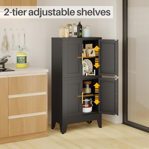 Image of 47 inch Black Metal Bathroom Storage Cabinet, Kitchen Pantry Cabinet | Steel Storage Cabinet with Doors and 3 Adjustable Shelves, Bathroom cabinets Organizer, for Home Office, Bedroom