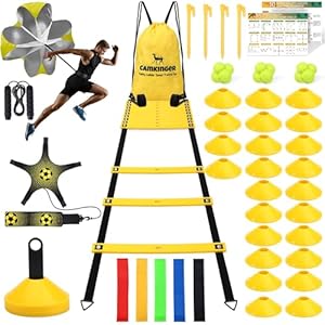 Agility Ladder Speed Training Equipment Set-20ft Speed Ladder/Running Parachute/24 Soccer Cones/Soccer Kick Trainer/Jump Rope/Reaction Balls/Resistance Bands for Kids Youth Adults-Yellow