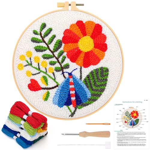 JSRQT Kit de Iniciación de Bordado de Aguja de Perforación,Kit de Arranque Punch Needle,Herramientas de Enhebrador para Perforar Aguja(Flores e Insectos)