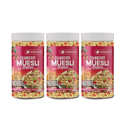 Image of Equalite Cranberry Muesli I Dry fruits I Muesli I Fruit and Nuts I No added sugar I Granola I High protein I Breakfast I Healthy food I Protein food I Gluten Free |No preservatives | High fiber | Omega-3 | High Minerals & Vitamins |Weight loss food I Equalite foods | (1050g, Cranberry Combo(Pack of 3))