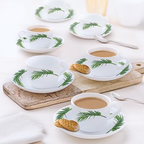 Image of Larah by BOROSIL Crescent Opalware Cup and Saucer Set of 12 pcs | Tea /Coffee Cups 90 ml | Microwave & Dishwasher Safe | Bone-Ash Free | Crockery Set Ideal for Daily Use & Gifting, White