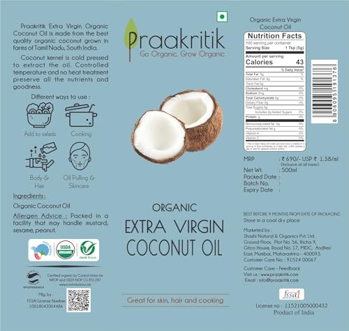 Image of Praakritik Organic Cold Pressed Extra Virgin Coconut Oil 500ml, Pure,Natural & Chemical-Free,nariyal tel, Ideal for Cooking, Skin & Hair, Baby Massage