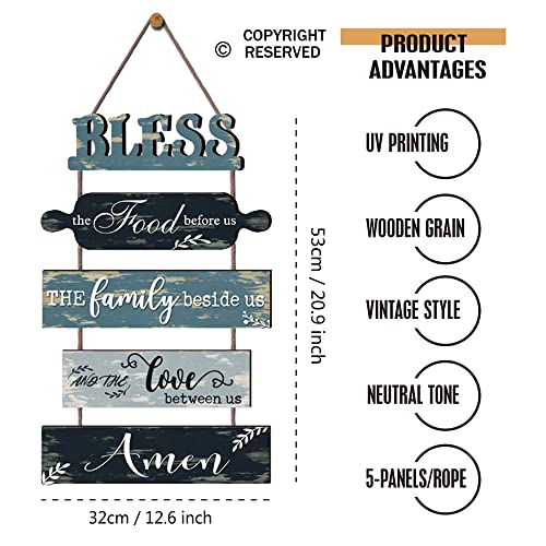 Buecasa Bless the Food Before Us Farmhouse Kitchen Wall Decor - Dining Room Decorations Collage Art in Teal Blue Color Wooden Rustic 5pcs Roped Sign 13x24 Inches Vertical, grey - Image 3