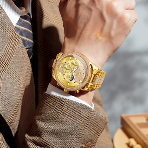 Image of OLEVS Men Watch Wooden Accent Band Multi Function Dial Luminous Waterproof Casual Luxury Business Watch