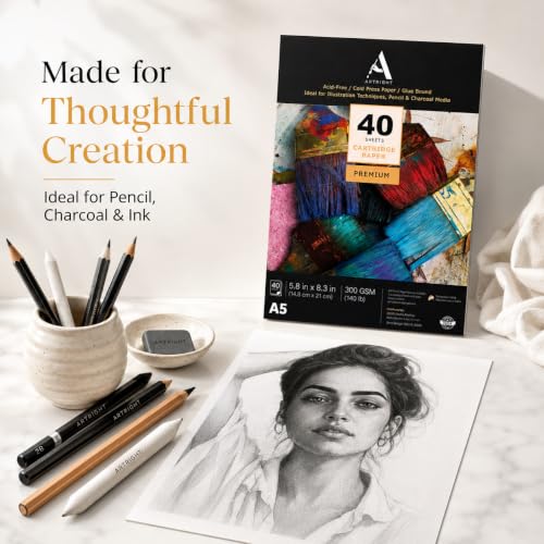 Image of ArtRight Artists' Sketching Paper (A5 Pack of 40 Sheets, 300 GSM); Handmade Cartridge Mixed Media Sheets of 300GSM for Pencil, Charcoal and Ink Media