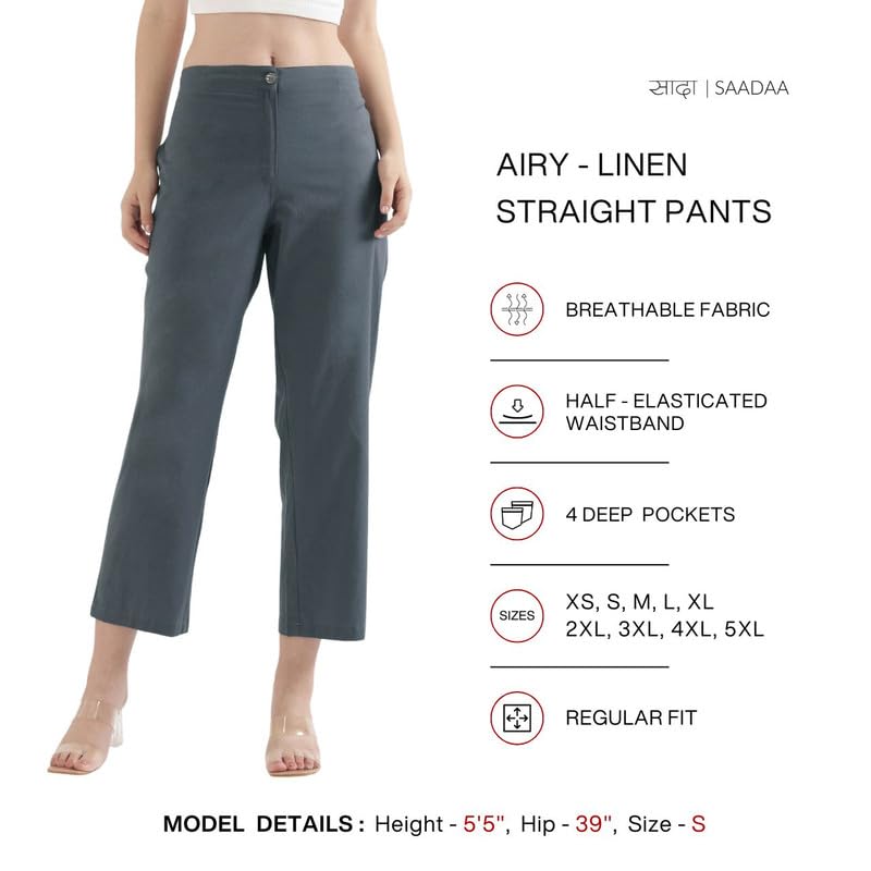 Image of SAADAA Women's Airy Linen Straight Pants | Regular Fit Trousers | Half Elasticated with Drawstrings & Buttons | 4 Pockets | Everyday & Office Wear