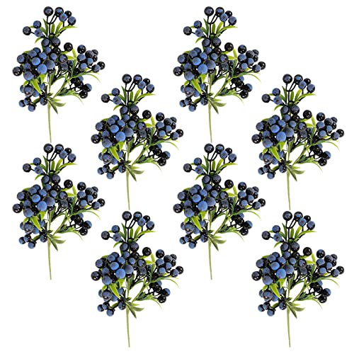8PCS Artificial Blue Berry Stems, 14 Inch Fake Berry Branches with Green Leaves, Christmas Holly Berry Picks, Faux Berries Bouquet for Xmas Tree Holiday Wedding Party Home Decor