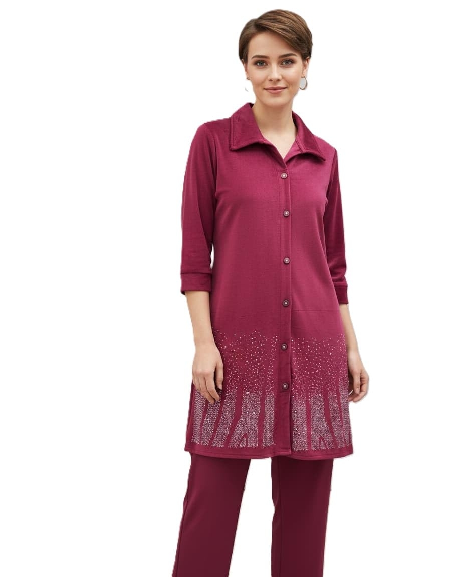 meehan enterprises Women's Premium Velvet Co-ord Set, Long Button-Down Tunic with Trouser, Crystal Embellishment, Winter 2-Piece (IN, Alpha, M, Regular, MAROON)-picture-31