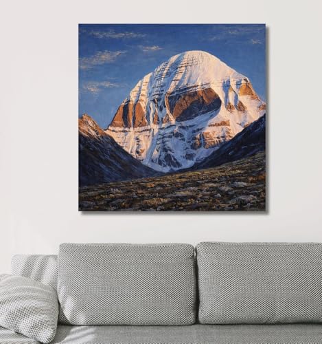 Image of Kunj Cart Mount Kailash Painting | 10+ DESIGNS | Kailash Parvat Canvas Painting for Living Room, Temple Home & Office Wall Decoration (Kailash Mountain Photo, 12x12 Inch, Framed)