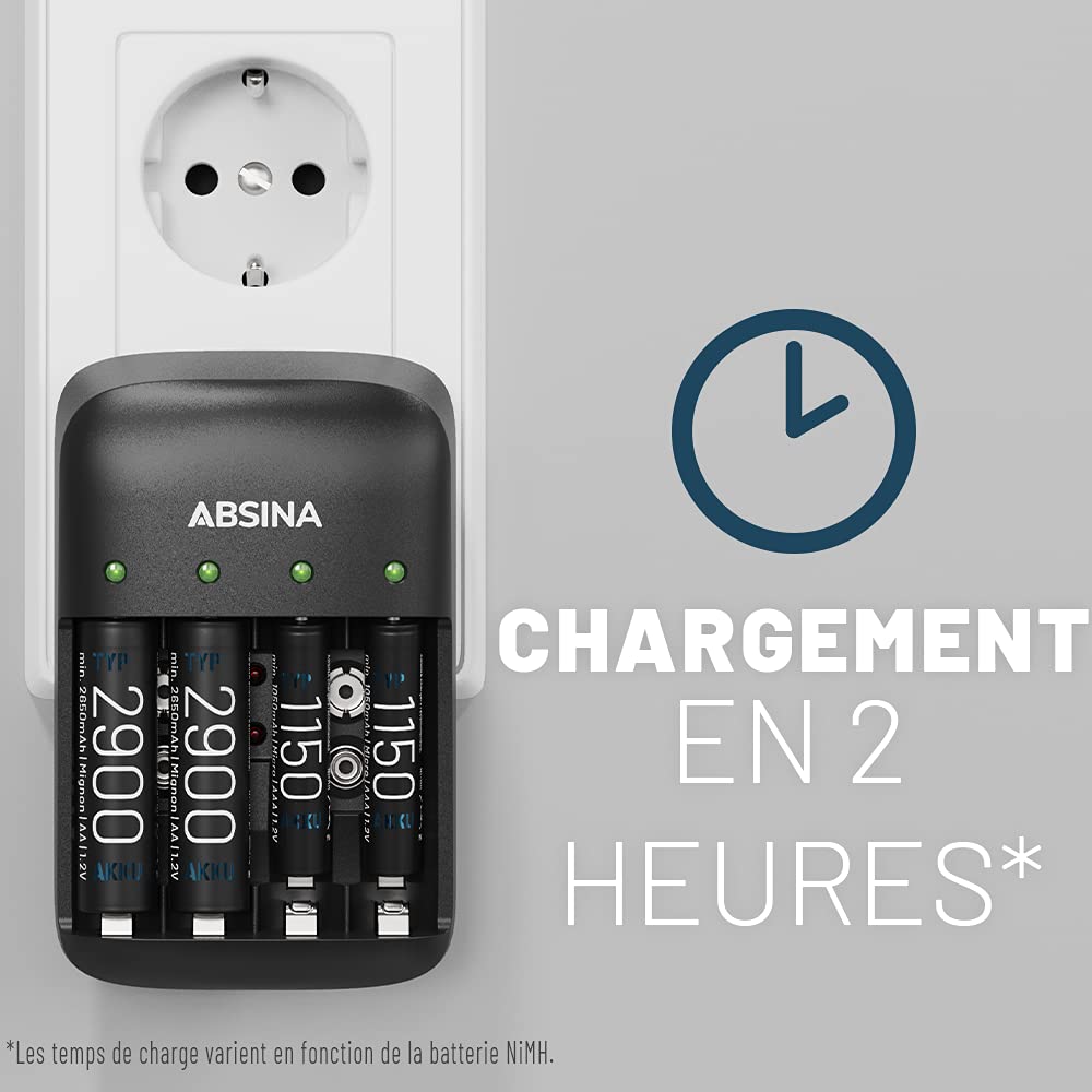 ABSINA Chargeur de Piles Rechargeables AA AAA & 9V + 8X AAA 1150 Pile