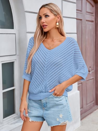 Image of Libsorge Womens Sexy V Neck 3 /4 Sleeve Sweater Spring 2025 Trendy Dressy Casual Outfits Lightweight Crochet Knit Pullover Top