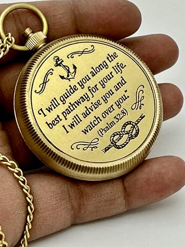 Brújula de bolsillo de latón grabada con Escritura – “Yo te guiaré” Salmo 32:8 | Regalo religioso para hombres y niños miniatura 6