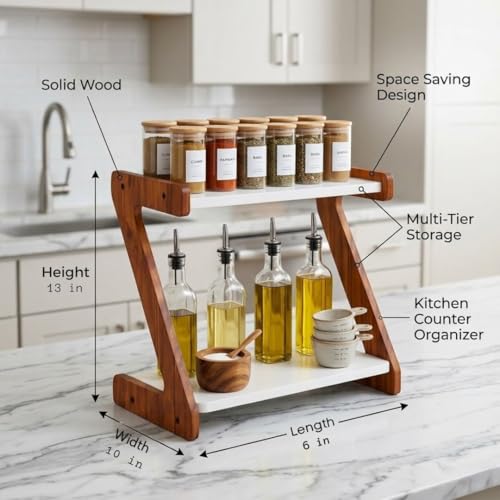 Image of Kitchen Organizer Rack - Multi-Purpose Kitchen Stand for Countertop & Cabinet Storage | Heavy-Duty Kitchen Rack Organizer for Spices, Utensils, Dishes & Pantry Items (2 Tier Z shape Rack)