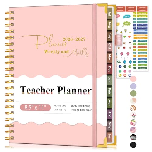 Teacher Planner 2026-2027 July 2026 - June 2027 Academic Weekly & Monthly Calendar Planner with Tabs 8.5 x 11 A4 Teacher Lesson Plan Book with 7 Periods Daily Agenda School Organizer for Teacher Student Homeschool Pink