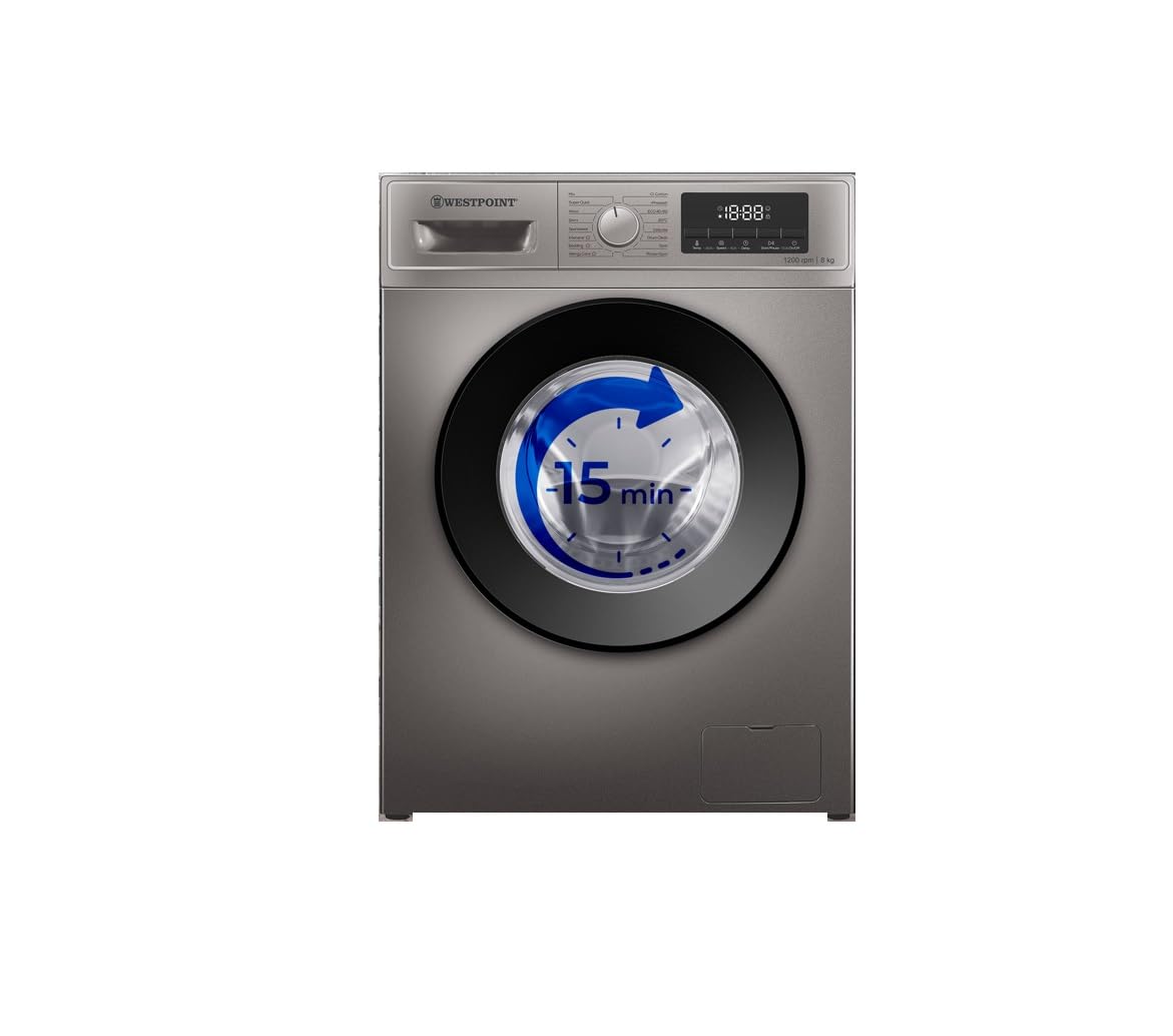 Westpoint 8Kg Front Load Washing Machine, Fully Automatic, 1200 RPM, 15 Easy Washing Programs, Quick Wash in 15minutes, LED Control Panel, Remaining Time Display, WMT-81222S-SILVER NEW MODEL