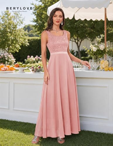 Image of BeryLove Sequin Dress for Woman Vintage A Line Wedding Formal Swing Mesh Dress Sleeveless Cocktail Maxi Gowns