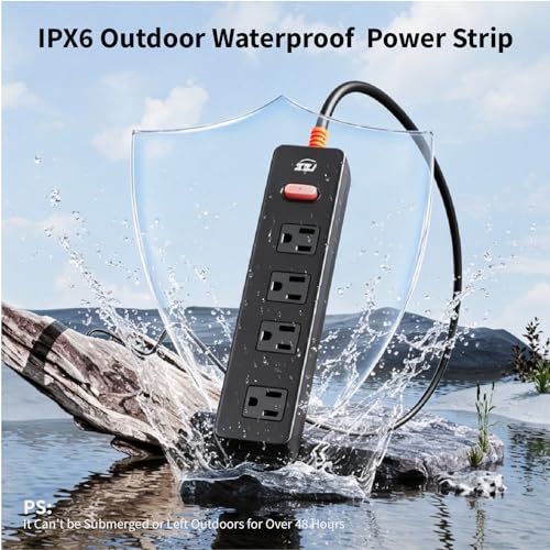 Image of Outdoor Power Strip Weatherproof, IPX6 Waterproof Surge Protector with 4 Wide Outlets, 1625W /13A Overload Protection Switch, 6FT Extension Cord, Wall Mountable for Indoor Outdoor, UL FCC Listed