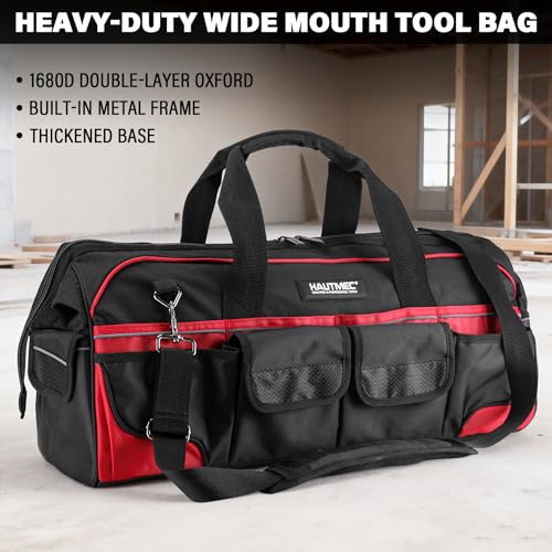 Image of HAUTMEC 24 inch Heavy-Duty Large Tool Bag, 1680D Wear-Resistant Wide Mouth Tool Bag with Metal Frame & Hard Base, 36 Pockets, Level Holder, Anti-Tangle Padded Shoulder Strap - HT0284