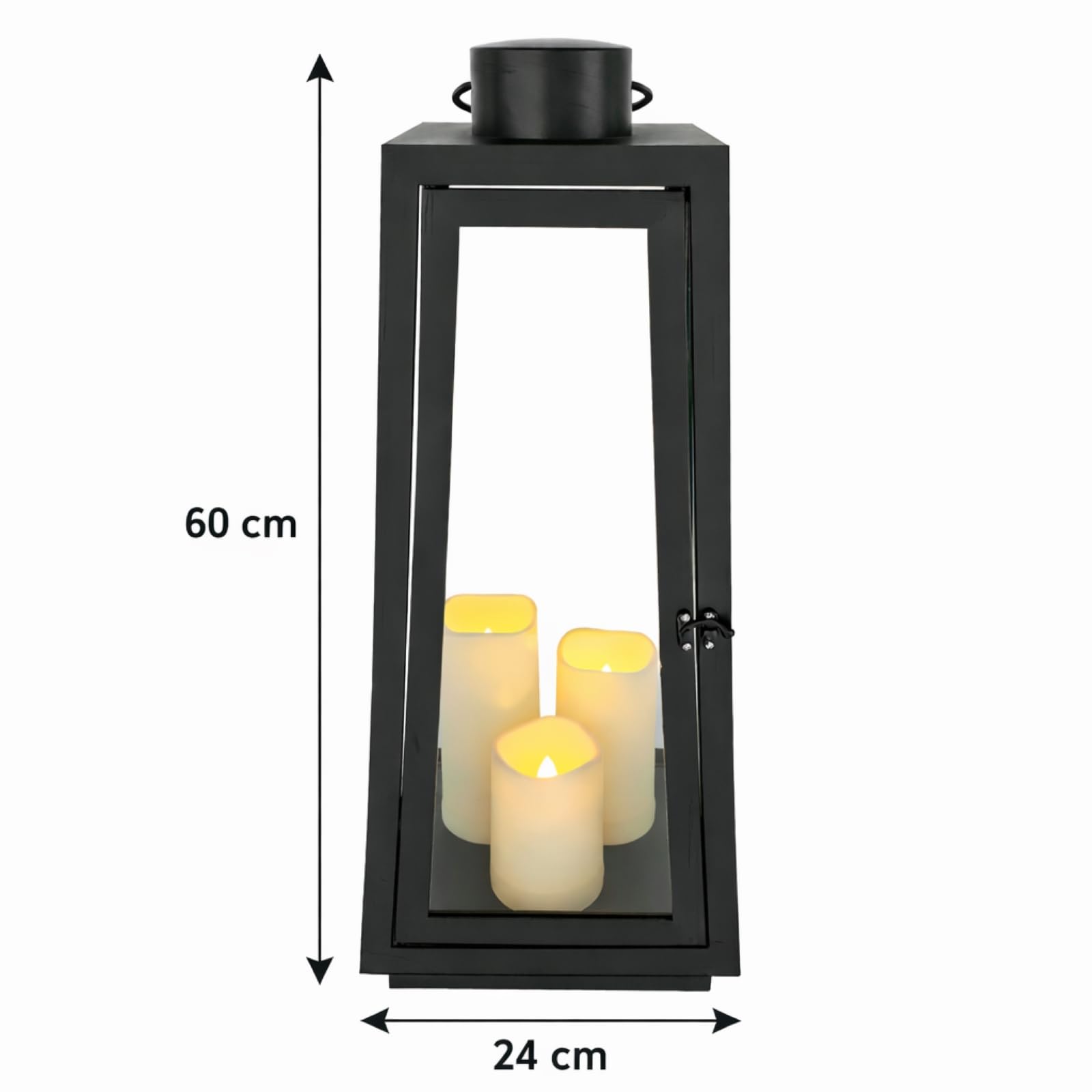 BURI Latarnia LED, 60 cm, czarna, metalowa, dekoracyjna, z 3 diodami LED o ciepłej białej barwie i timerem, do wnętrz, świecznik z otworem na drzwi i stylowa dekoracja mieszkania