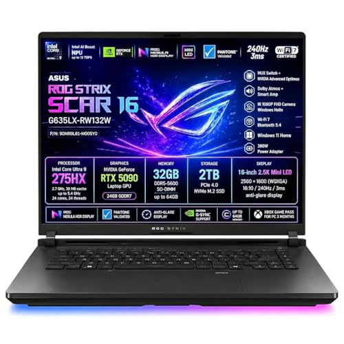 ASUS ROG Strix SCAR 16 G635LX-RW132W Intel Core Ultra 9 275HX Intel AI Boost NPU 32GB NVIDIA GeForce RTX 5090 SSD 2TB 16'' 2.5K WQXGA Win11 Home