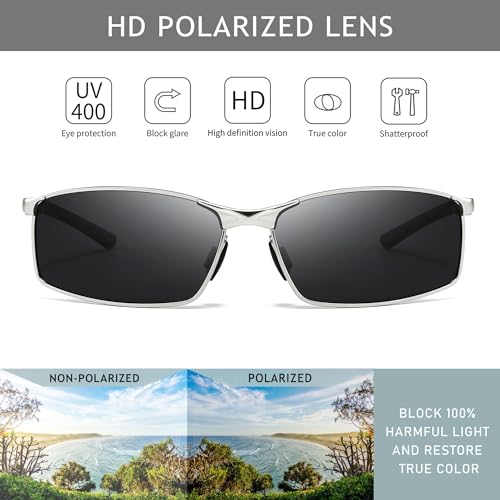 SUNGAIT Ultra Lightweight Polarized Sunglasses Men Rectangular Metal Frame with Spring Hinge (Silver Frame/Gray Lens)2