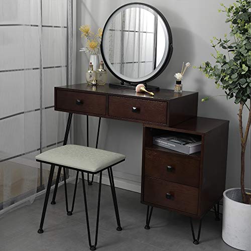 Tdbest Vanity Makeup Table Vanity Set with Lighted Mirror 3-Color Touch Screen and Storage Cabinet, Iron Frame Vanity Desk with Drawers and Bench (Brown)