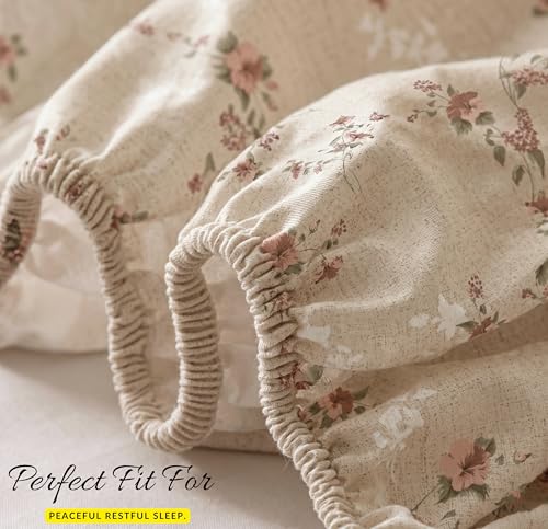 Image of HOMEKART Cotton Contrast Fitted Bedsheet for King Size Bed 72x72+10 Inch with 2 Pillow Covers 17x27 Inch | All Round Elastic | TC 144 Soft, Breathable Floral Printed Bedsheet (Ivory Blossom Elegance)