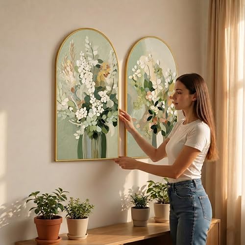Image of Livin'luxe Set of 2 Floral Wall Painting for Living Room, Green Botanical Modern Artwork, PVC Golden Frame, Arch Shape Wall Decor for Bedroom, Hall, Office & Gift (30 x 32 Inch) RPNL-02-113