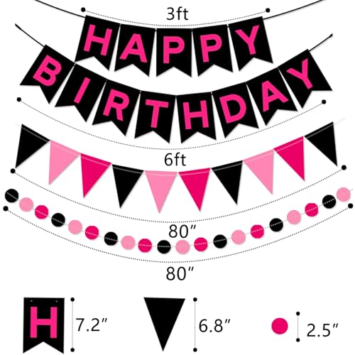Image of Black & Pink Birthday Party Decorations - Happy Birthday Banner, Honeycomb Balls, Star Swirls, Circle Dots, Triangle Flags Bunting