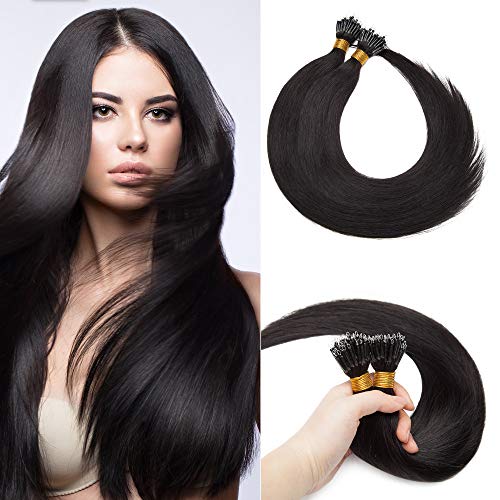 S-noilite 22Inch Nano Bead Human Hair Extensions 100 Strands Balayage 50g Pre Bonded Nano Ring Link Real Hair Extension Cold Fusion Nano Tipped Hairpieces #1B Natural Black