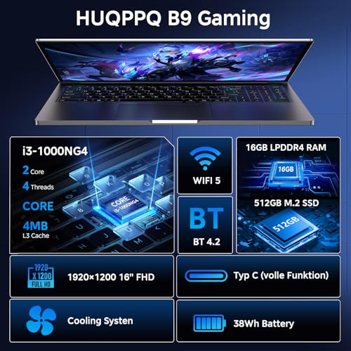 HUQPPQ 16 Inch Gaming Laptop Core i3 (Up to 3.2GHz) 16GB RAM 512GB SSD Expandable to 1TB Win11 Laptops | FHD 1920×1200 Display | Type-C | Long-Lasting Battery | Includes Mouse & Keyboard Film-Gray - Image 3