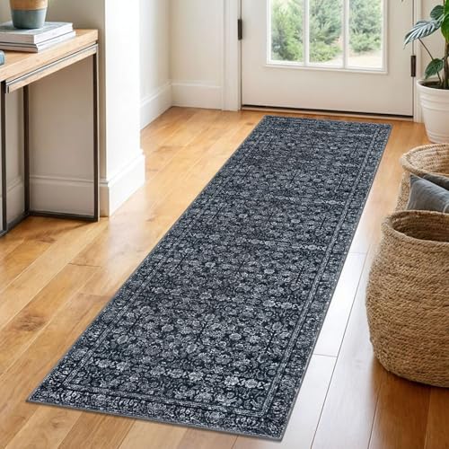 2x6 Black Navy Blue Washable Runner Rug for Hallways, Soft Neutral Vintage Kitchen Rugs with Non-Slip, Non-Shedding Distressed Floral Carpet for Bedroom Porch Laundry Entryway