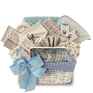 Newborn Baby Boy Apparel Gift Basket – Knit Blanket, Hat, Mitt, Booties, Receiving/Swaddling Blankets 3pc Each, Washcloths 12pc, Hooded Towel, Socks 6 Pairs – Expecting Parents – by Pellatt Cornucopia