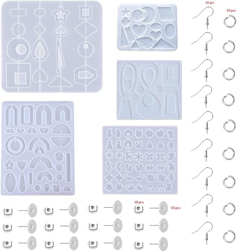 BOSOIRSOU - 205 piezas de moldes de fundición de joyería de resina y ganchos para aretes, moldes de silicona para colgantes, moldes para aretes,