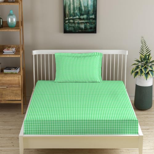 Image of MORADO Glace Cotton Flat Bedsheet for Single Bed with Zipper Pillow Cover, Soft Breathable Comfortable Bedding Sheet for Bedroom Home Hotel Use 60x90 Inches,Yellow Floral,Green Check