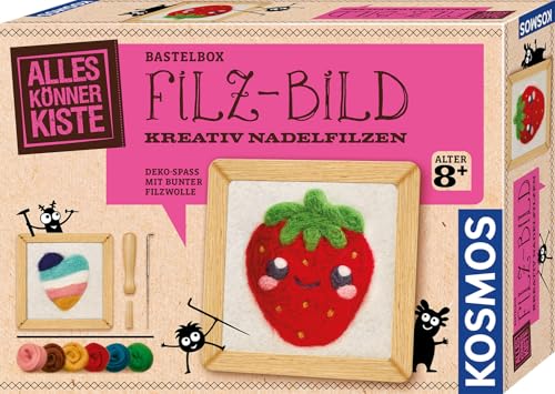 Kosmos 605704 Filz-Bild Bastelbox Kreativ Nadelfilzen mit süßen Motivvorlagen Herz + Erdbeere für Mädchen und Jungen Filzen für Kinder ab 8 Jahre Filz Basteln für Anfänger geeignet