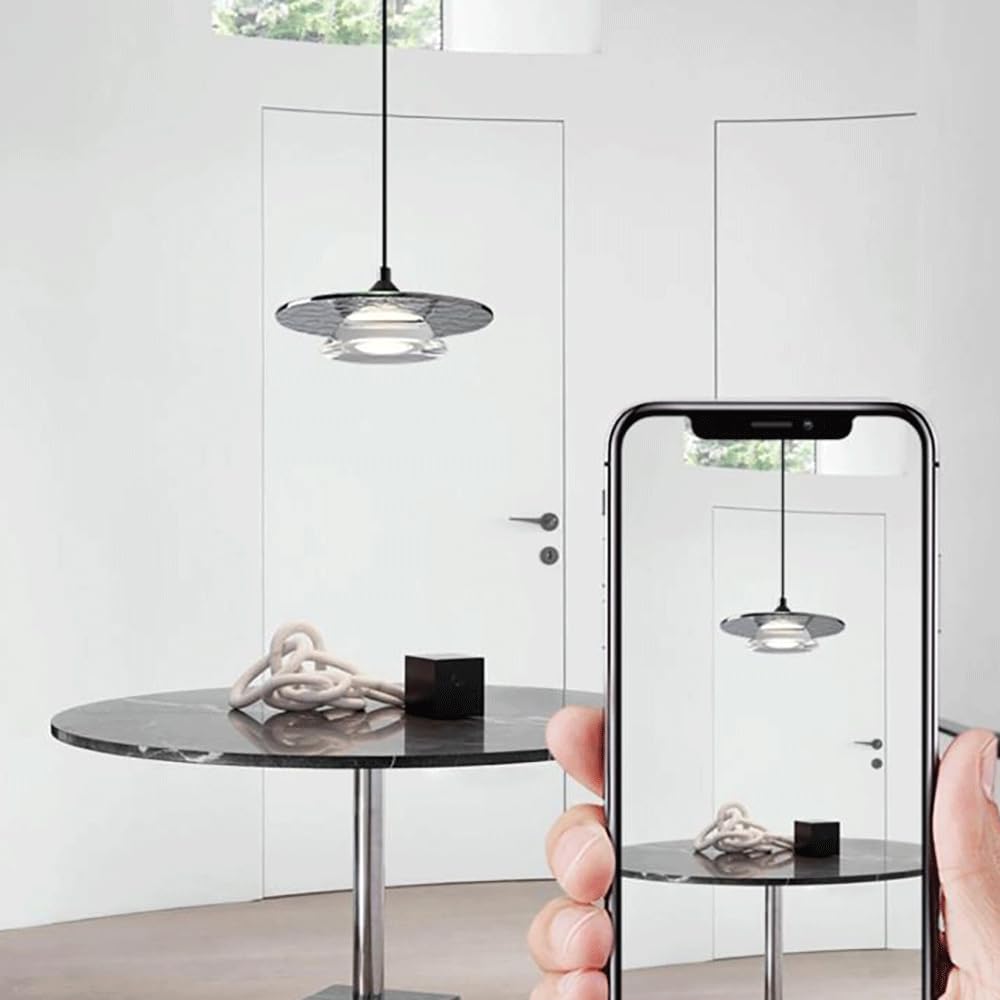 Lampada a Sospensia Forma Di Frisbee Nero, Lampada a Sospensiin Metmartellato con Paralume in Vetro, Lampadario Moderno a Led - 3 W - 3 Modalità Colore, Lampade a Sospensida Comodino, Luci a