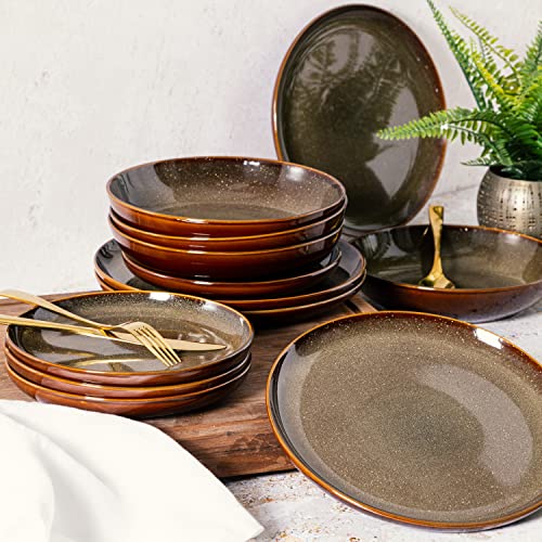 Image of Gibson Elite Edwina 16-Piece Double Bowl Dinnerware Set, Service for 4 - Dark Green Stoneware Plates and Bowls