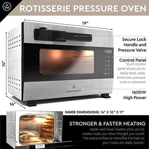 ChefWave 1600W, 27qt Digital Pressure Oven with LED Touch Control Panel – Rotisserie,Roasts, Broils, Bakes and Toasts – 5 Levels of Safety Protection - Includes 7 Accessories