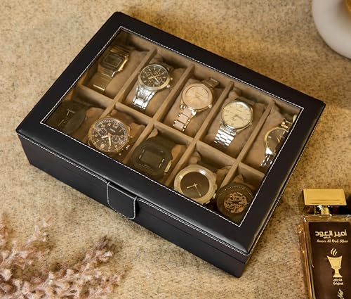 Image of Leather World Faux Leather Watch Box Organizer For Men & Women - Wrist Watch Box Holder 10 Slots - Removable Pillows Display Case - Gift for Loved Ones - Black