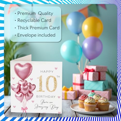 10th Birthday Cards for Girls - Pink Glitter Balloons - Happy Birthday Card for 10 Year Old Girl Sister Step Daughter Daughter Cousin, 145mm Bday Greeting Cards - Image 2