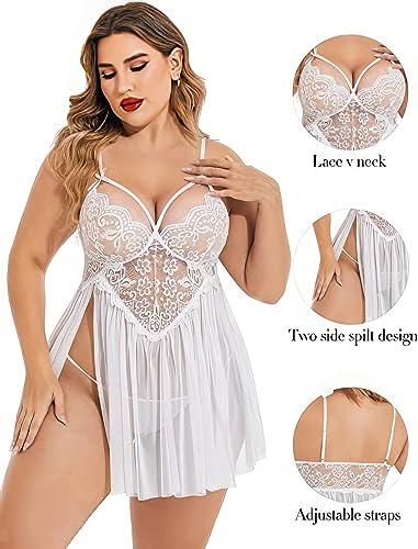 Image of Plus Size Lingerie Lace Babydoll Womens Strap Chemise Nightgown V Neck Nighty Mesh Sleepwear Side Slit Nightdress with G-Sting Panty