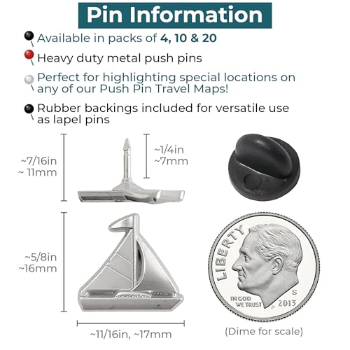 Image of Sailboat Push Pins - Silver Sailing Pins - for Cork Board, Maps, or Lapel Pin Use - Designed in USA - Set of 4