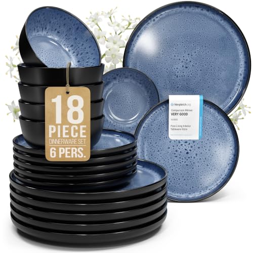 Image of 18 Piece Stoneware Dinnerware Set for 6, Handmade Plates and Bowls Set | Reactive Glaze Coating, Dishwasher & Microwave Safe Dish Set, Chip & Scratch Resistant Dishware Set, Ibiza Deep Blue