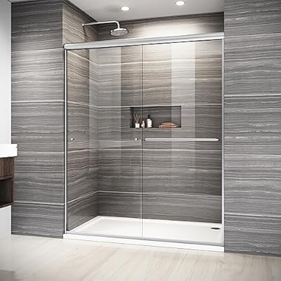 ELEGANT 58.5-60 in. W x 72 in. H Semi-Frameless Sliding Shower Door in Brushed Nickel, 1/4" (6mm) Clear Tempered Glass, Shower Glass Door with Towel Bar
