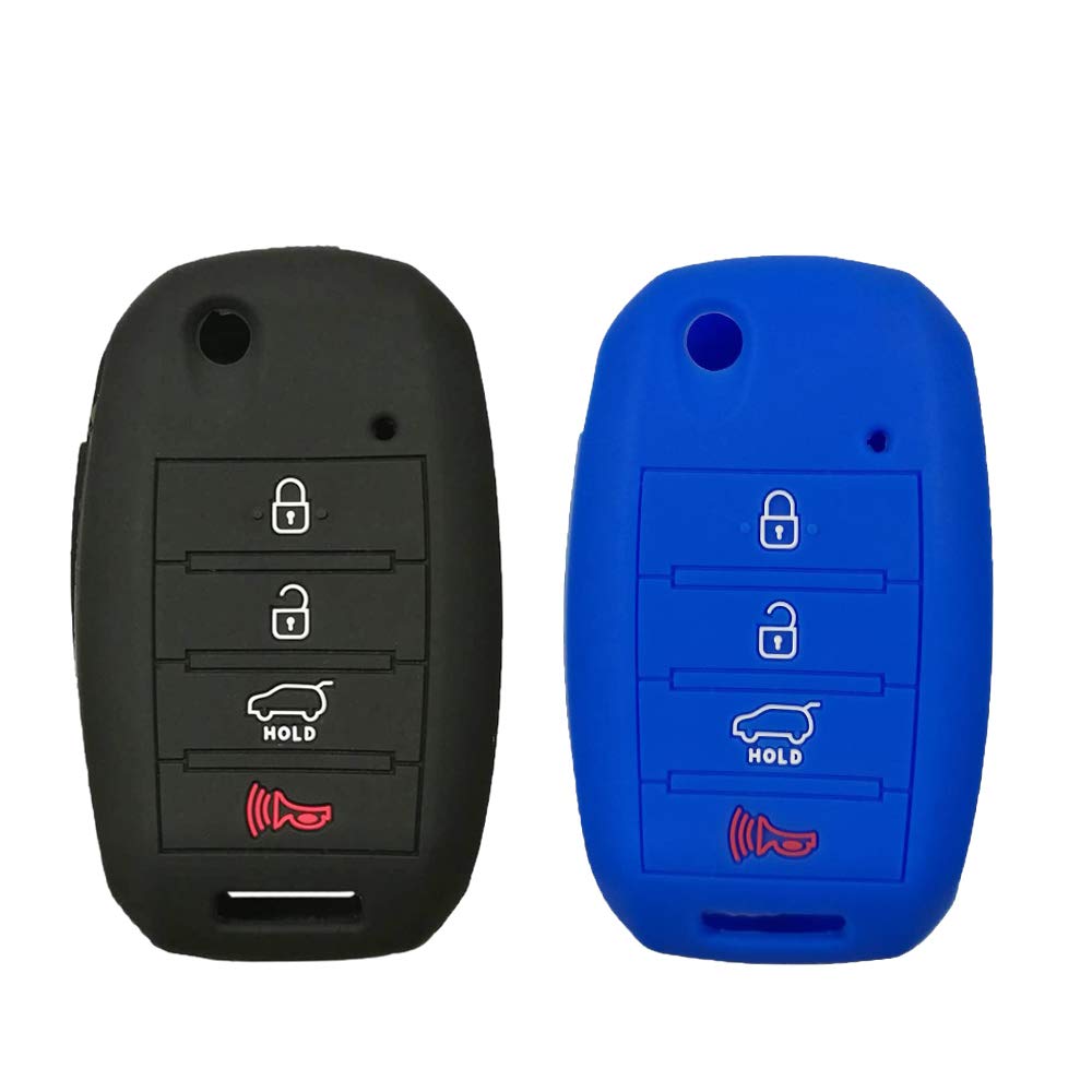 EXUNTECH 2Pcs 4 Buttons Silicone Flip Remote Key Fob Cover Case Protector Holder for Kia Sorento Sportage Rio Soul Forte Optima Carens,fits with TQ8-RKE-3F05 OSLOKA-910T, Black Blue