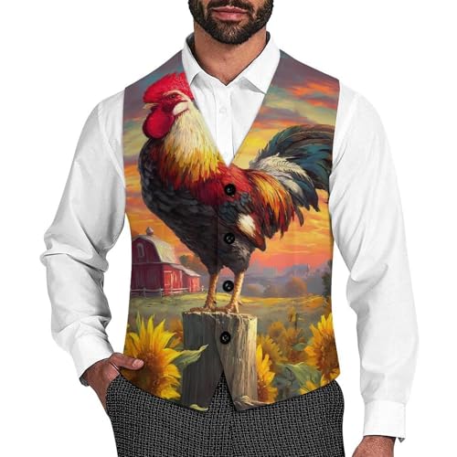 Crowing Rooster Men's Suit Vest Slim Fit Business Dress Party Pattern Waistcoat Vest Top - Main Image