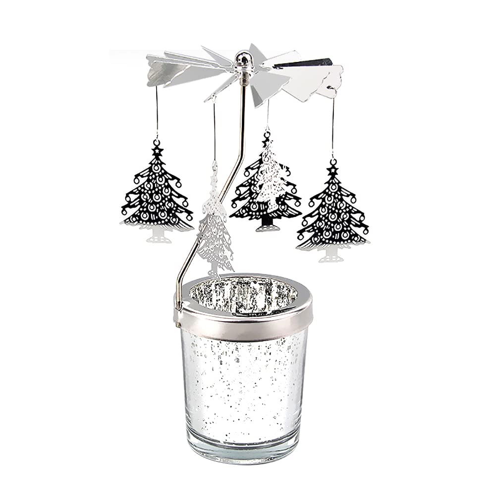 Zilver draaibare kaarsenhouder, Kerstmis carrousel theelichthouder kaarsenhouder motief metaal theelicht draaiende kaarsenhouder kandelaar voor kerstdecoratie thuis feest decoratie boom